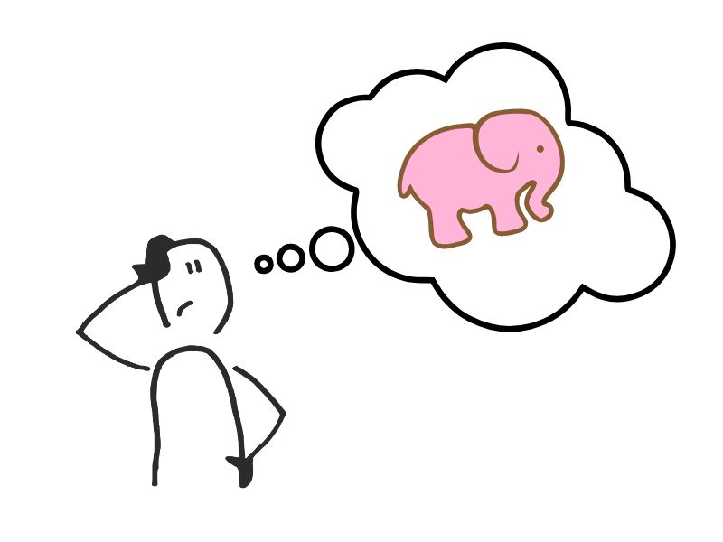 Ein Strichmännchen fasst sich verwirrt an den Kopf, weil es nicht an einen rosa Elefanten denken soll, der aber in seiner Gedankenblase erscheint