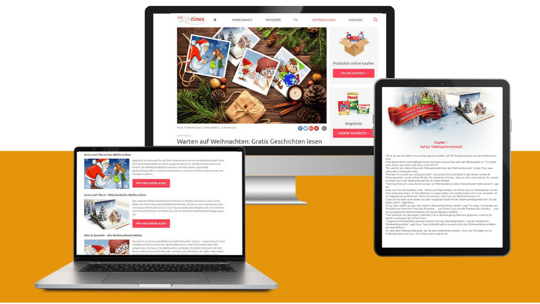 Collage mit Monitoren, die eine Website mit Weihnachtsgeschichten zeigt