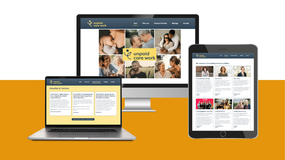 Collage mit Monitoren, die Webseiten von unpaid-care-work.de zeigen