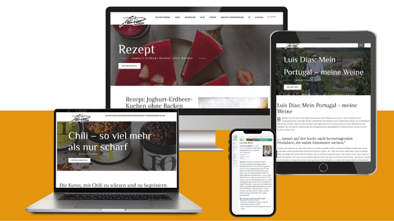 Collage mit Monitoren, die Arbeitsbeispiele mit Expert Content für den Koch Luis Dias zeigen
