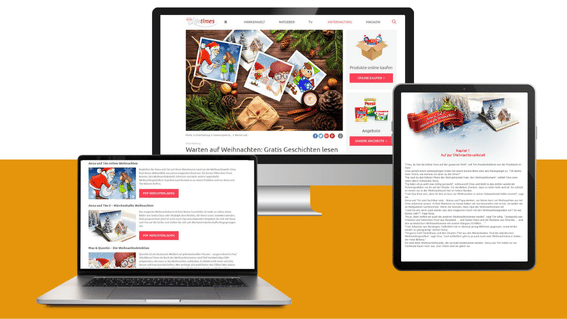 Collage mit Monitoren, die eine Website mit Weihnachtsgeschichten zeigt