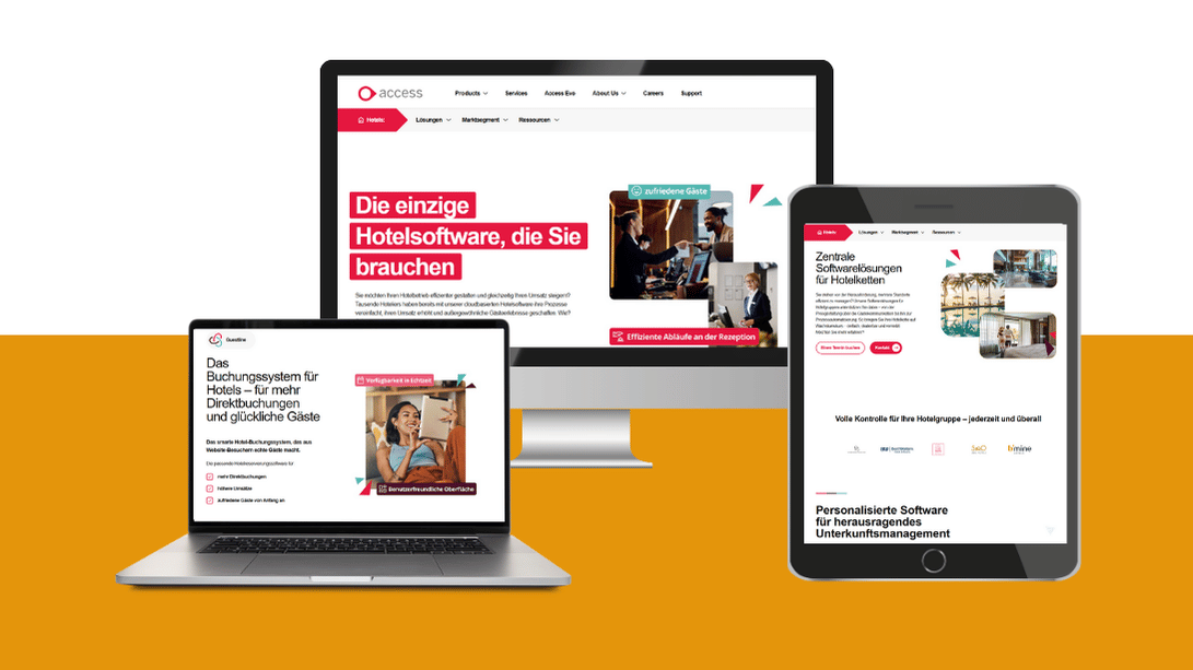 expert-content-access-hotelsoftware Collage mit Ansichten der Website von The Access Group in verschiedenen Monitoren