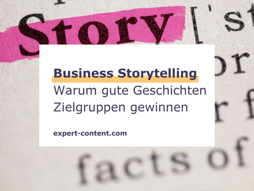Ein raues Papier zeigt die schreibmaschinengetippte Definition von Story. Das Wort Story ist mit pinkem Textmarker hervorgehoben. Davor ist eine weiße Kachel mit Schriftzug Business Storytelling. Warum gute Geschichten Zielgruppen gewinnen.